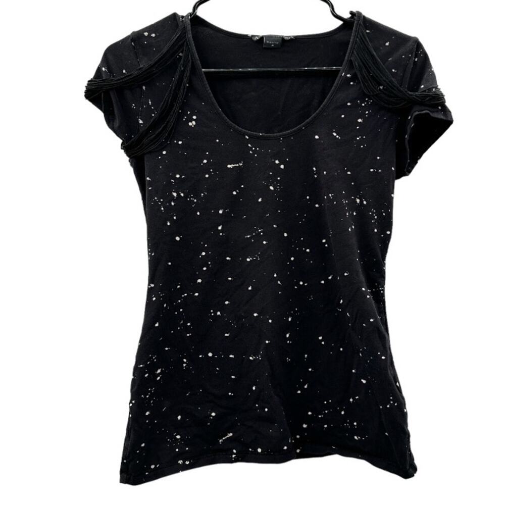 Armani Exchange Black & Cream Paint Splatter Fringe Shoulder Short Sleeve Shirt